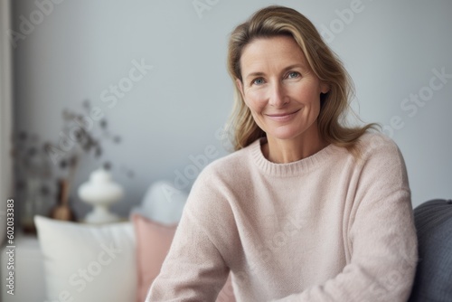 Portrait of smiling mature woman sitting on sofa in living room at home