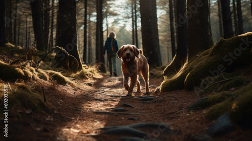 Woman walking with her dog in the woods.