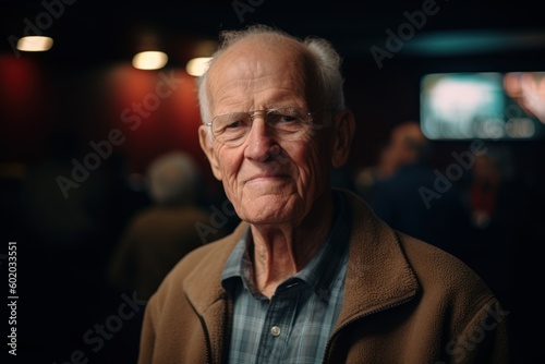 Portrait of an elderly man in the cinema. Close-up.
