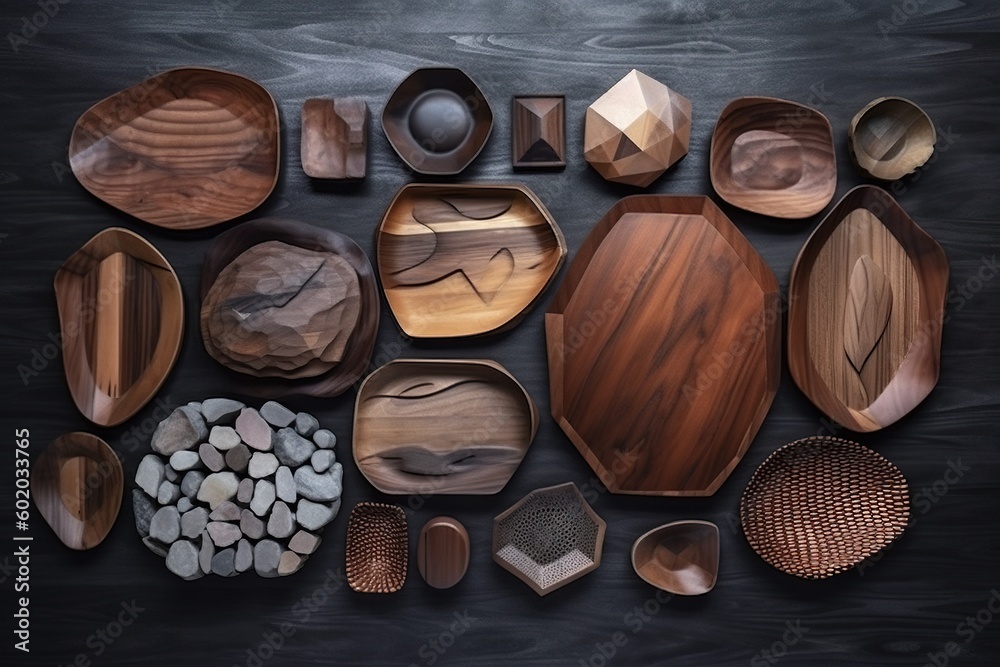 Photo of several wooden plates of different sizes and shapes Photo of several wooden plates of different sizes and shapes