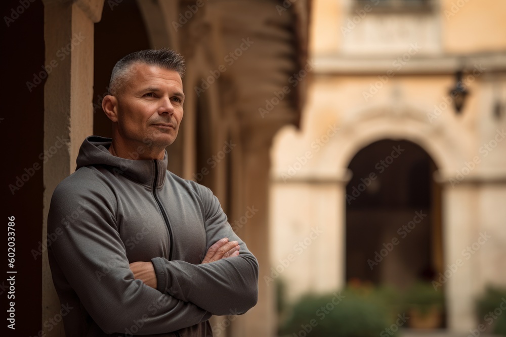 Medium shot portrait photography of a satisfied man in his 40s wearing a comfortable tracksuit against a monastery or spiritual retreat background. Generative AI Medium shot portrait photography of a satisfied man in his 40s wearing a comfortable tracksuit against a monastery or spiritual retreat background. Generative AI