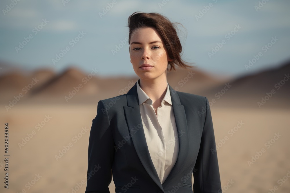 Fashionable young woman in the middle of the desert. Beautiful girl in a suit Fashionable young woman in the middle of the desert. Beautiful girl in a suit