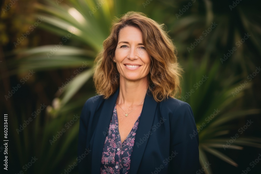 Portrait of smiling businesswoman standing in front of palm trees in park