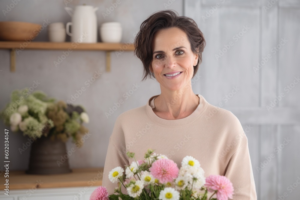 Portrait of smiling mature woman with bouquet of flowers at home Portrait of smiling mature woman with bouquet of flowers at home