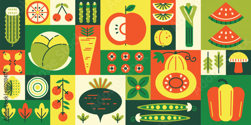 Geometric fruits and vegetables mosaic. Grocery goods, agriculture products grid and healthy food promotion vector background illustration