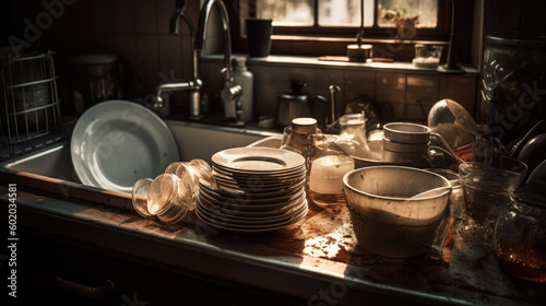 Dirty dishes in the kitchen of a country house. Selective focus.