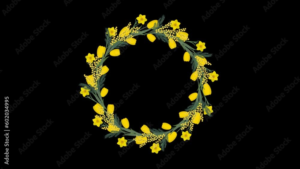 Floral animation with alpha channel. Round frame from spring flowers. Moving wreath of yellow flowers. Tulips, daffodils and mimosa Floral animation with alpha channel. Round frame from spring flowers. Moving wreath of yellow flowers. Tulips, daffodils and mimosa