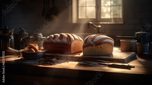 Freshly baked bread on a wooden table in the kitchen at sunset