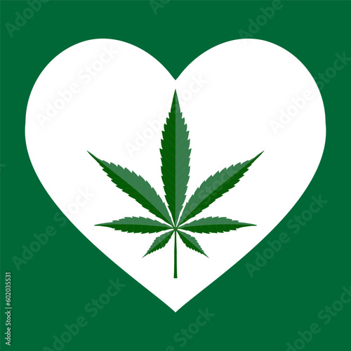 Heart with cannabis, marijuana, marihuana, hemp, weed leaf inside. Marijuana Heart. Cannabis lover sign.