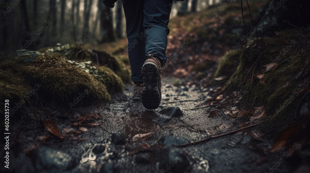 Hiking in the woods. A man walks along a mountain stream. Hiking in the woods. A man walks along a mountain stream.
