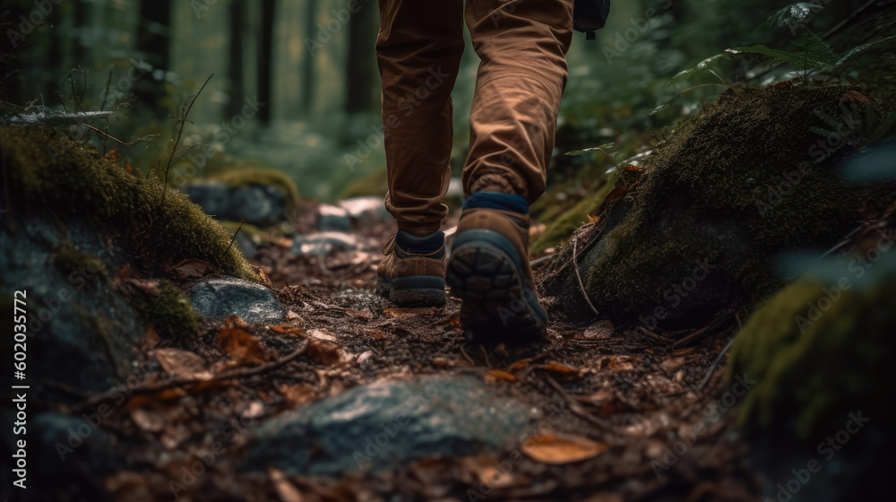 Hiking in the mountains. A man walks along a forest path. Hiking in the mountains. A man walks along a forest path.