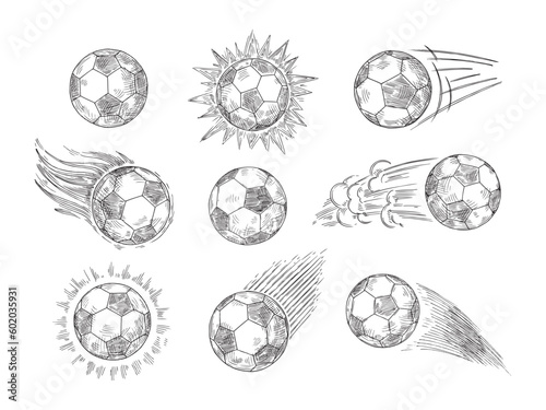 Sketch soccer balls. Hand drawn flying association football ball, european sport and fast motion black and white ball vector illustration set