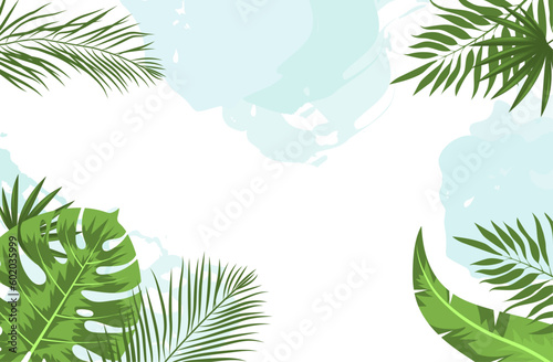 tropical leaves background in flat style. tropical background with watercolor patterns