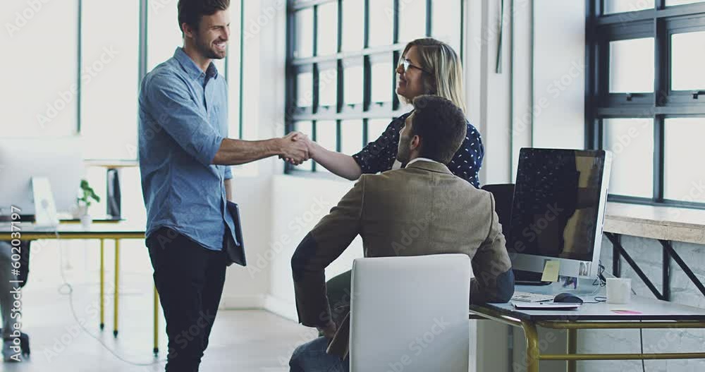 Welcome handshake, thank you and business people for hiring contract deal, meeting and partnership in city office. Teamwork, worker shaking hands on trust, consulting for b2b sale success and support