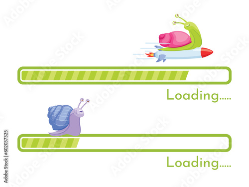 Snail internet connection speed. Slow and rocket fast download, loading bar with funny cartoon snails vector illustration