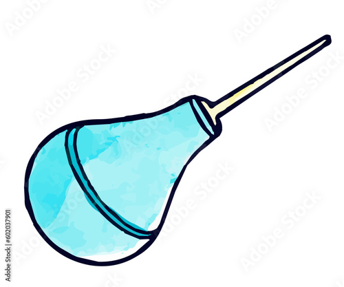 Hand-drawn watercolor illustration of syringe pear. Blue rubber enema isolated in doodle style.