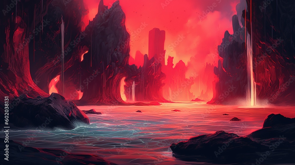 A surreal beach with a waterfall made of lava. Fantasy concept , Illustration painting. Generative AI