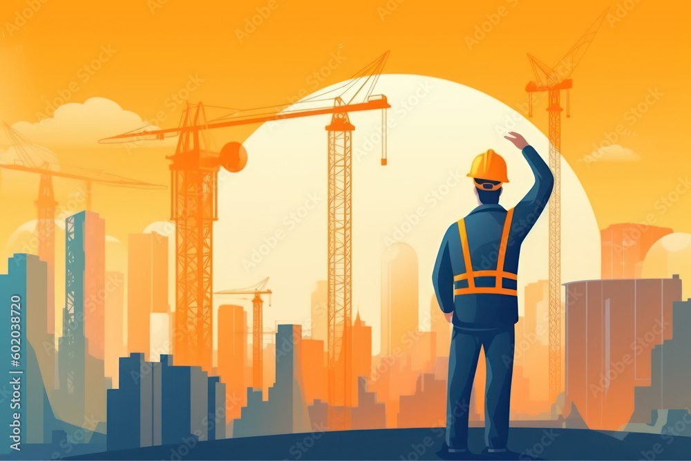 Smart engineer manager with safety uniform checking site construction with steel and concrete. Labour Day concept. Generative ai. Smart engineer manager with safety uniform checking site construction with steel and concrete. Labour Day concept. Generative ai.