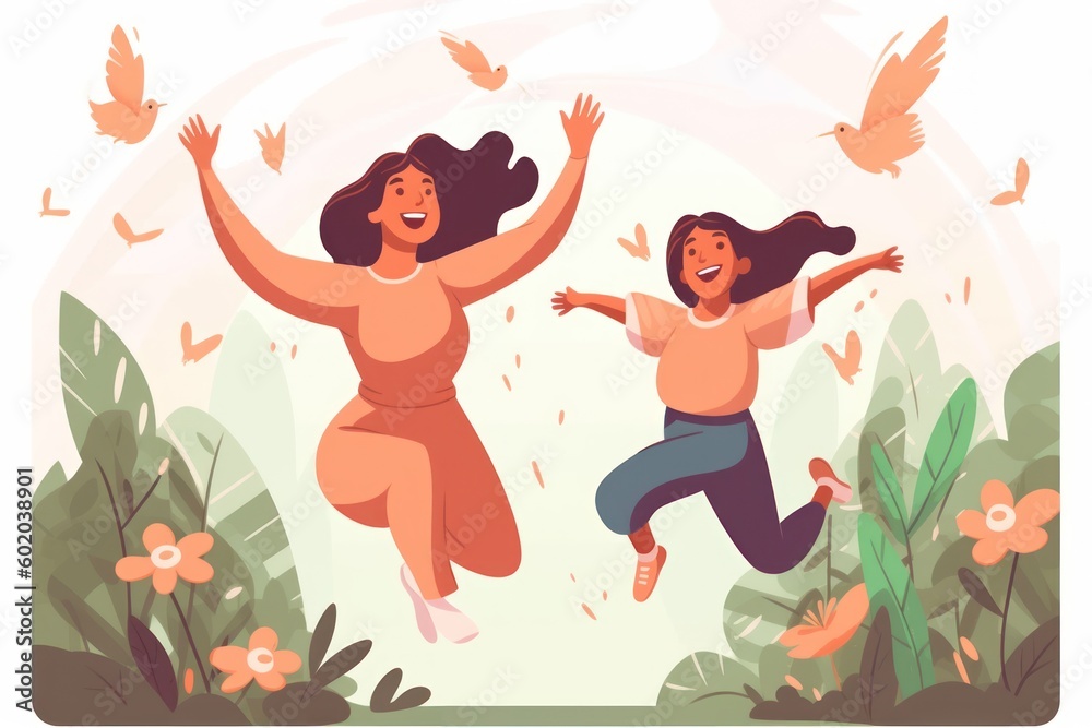 Happy mother and daughter having fun together and rejoicing. Flat vector illustration. Generative ai. Happy mother and daughter having fun together and rejoicing. Flat vector illustration. Generative ai.