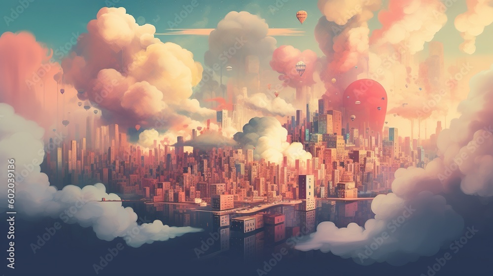 A surreal landscape of a city floating in the clouds. Fantasy concept , Illustration painting. Generative AI