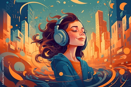 Illustration of a beautiful girl in headphones with music, enjoys a melody in the middle of a big city