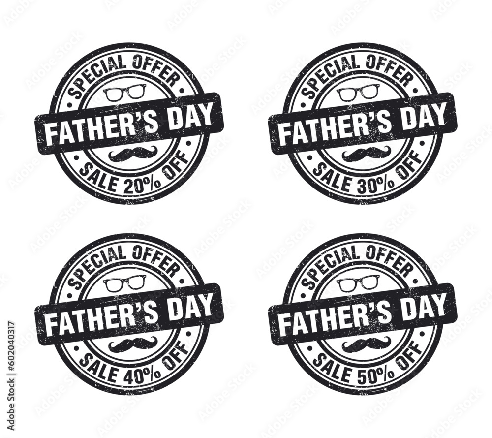 Obraz premium Fathers day sale black grunge stamp set. Special offer 20, 30, 40, 50 percent off