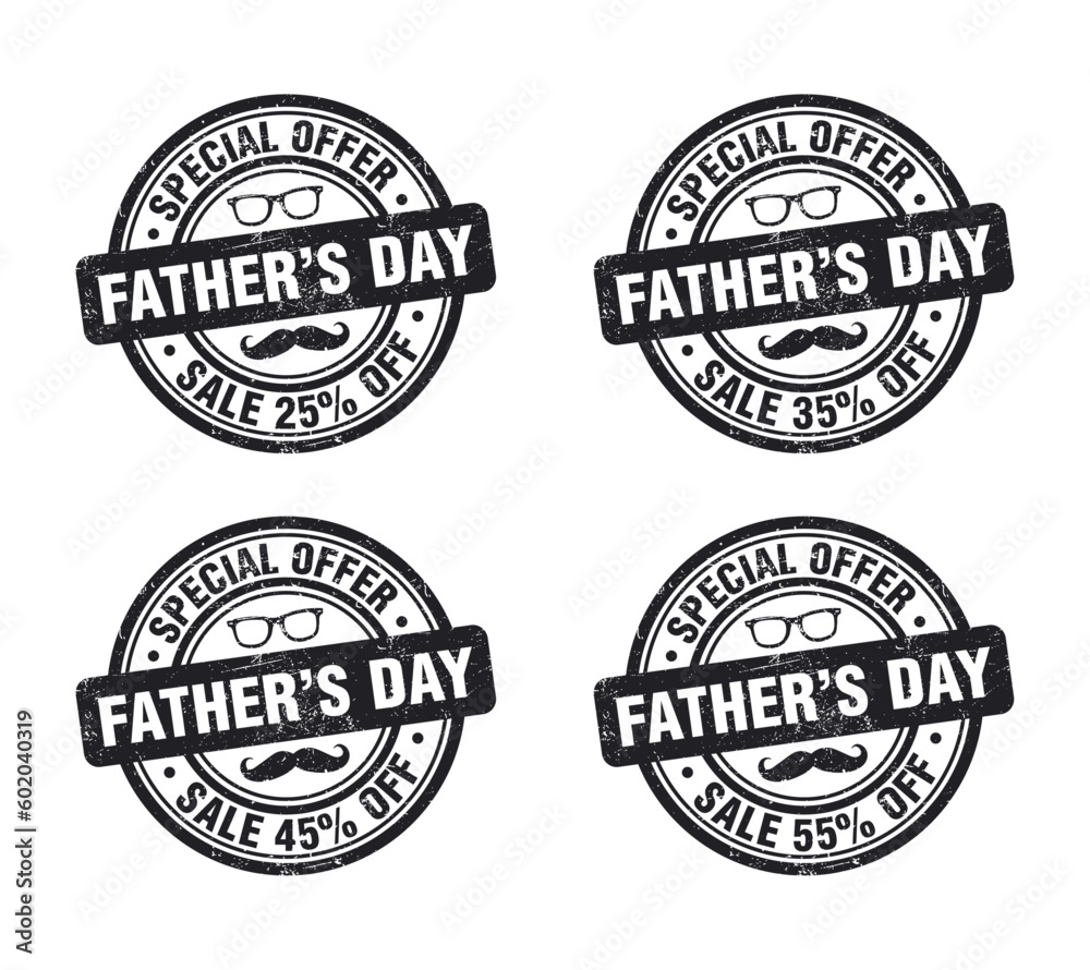 Fathers day sale black grunge stamp set. Special offer 25, 35, 45, 55 percent off