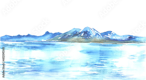 水彩で描いた湖畔の風景イラスト © yokoobata