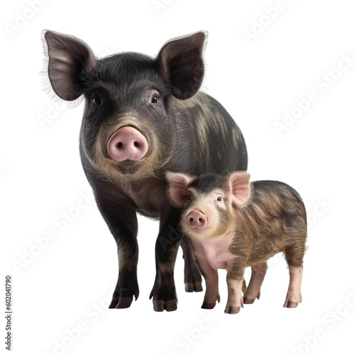 Black pig and small baby pig isolated on transparent background. KI.