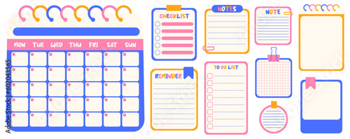 Kawaii calendar, to-do list, checklist, reminder and notes for organizer. Set of blank paper notes template or cute stickers for planner.