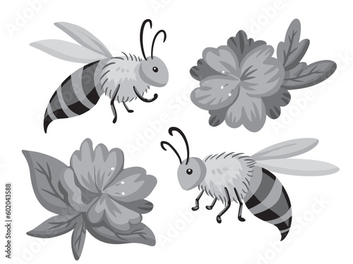 Bee and flowers grayscale vector illustration isolated on white horizontal background. Monochrome shades of gray simple and flat styled drawing.