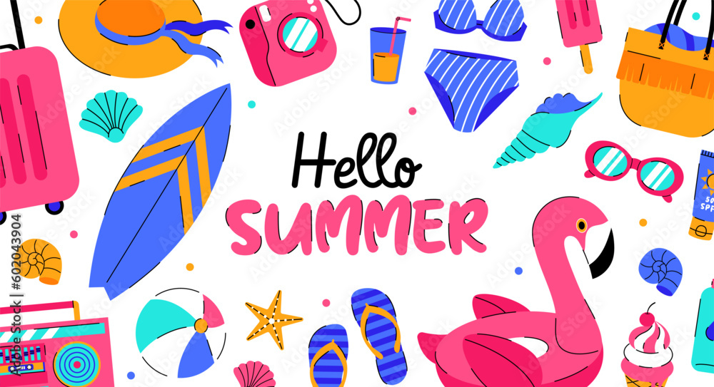 Hello summer banner. Summer items for sea holidays around the text. Flat cartoon illustration on white background. Hello summer banner. Summer items for sea holidays around the text. Flat cartoon illustration on white background.