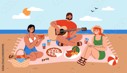 Happy friends spending time together at picnic on seashore. Young man playing guitar and women eating and drinking on sandy beach. Flat vector illustration.