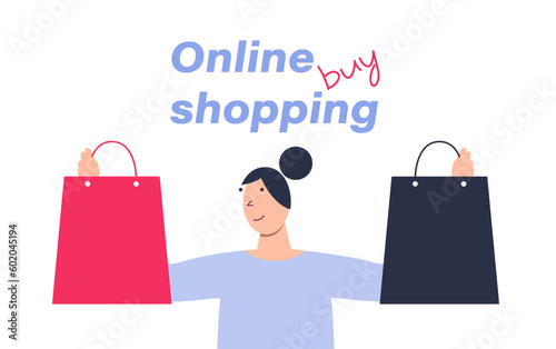 The concept of online shopping. The girl makes purchases via the Internet. The girl holds two orders in her hands
