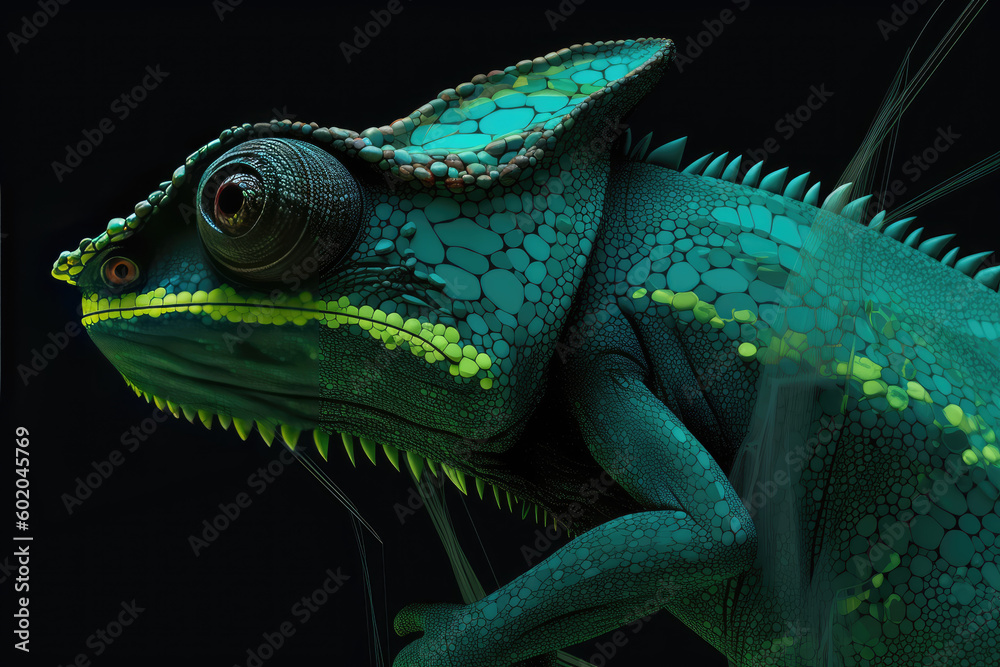 Fototapeta premium Green colored chameleon close up. Generative AI