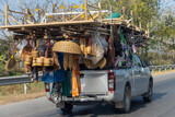The pickup truck transports goods made from natural materials, Thailand