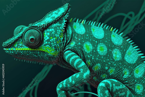 Green colored chameleon close up. Generative AI