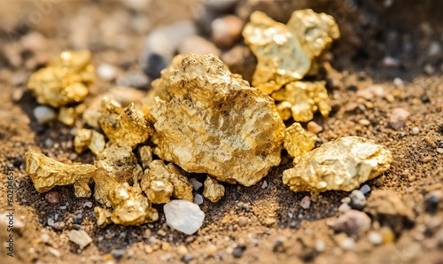 Closeup of natural gold nugget with small pices scattered around photo