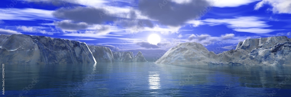 Arctic landscape, sunset among icebergs, ice in the ocean, 3d rendering