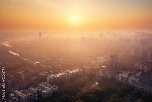Abstract Blurred city Sunrise Sky Background with Dust  PM 2.5 and air pollution. Generative AI illustrations.