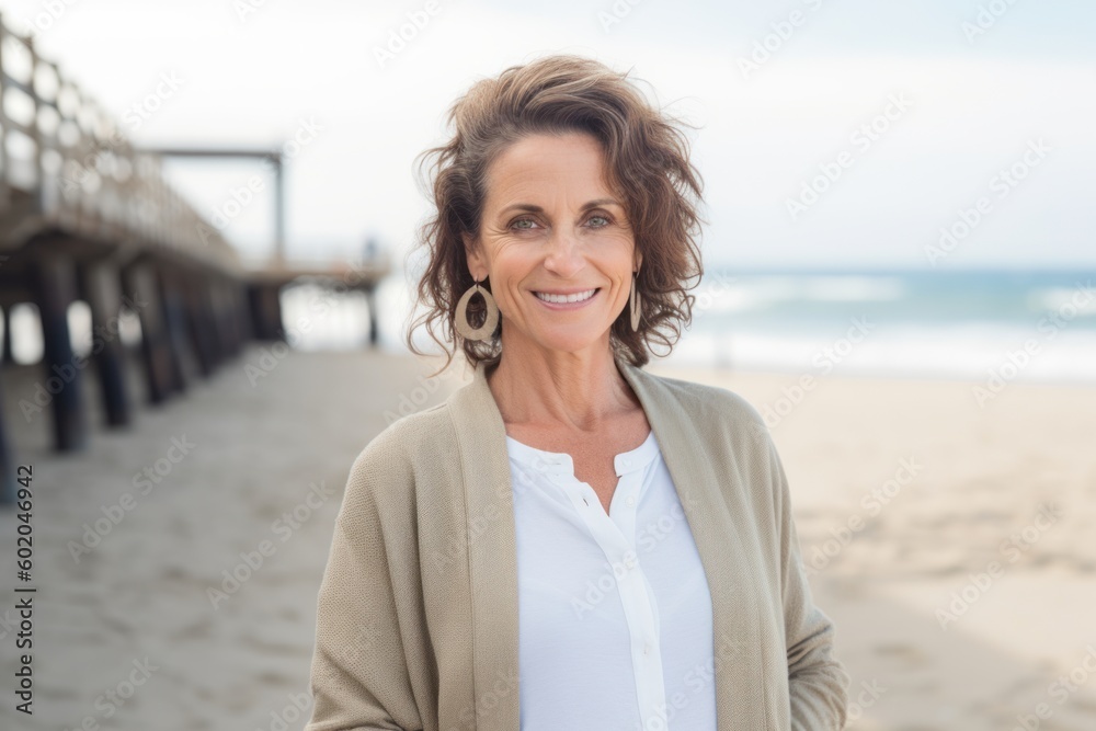 Portrait of smiling mature woman standing on beach with hand in pocket