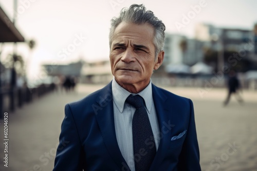 Portrait of mature businessman in blue suit standing on city street.