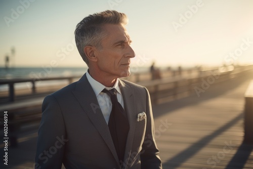 Portrait of handsome senior businessman standing on promenade at sunset © Robert MEYNER