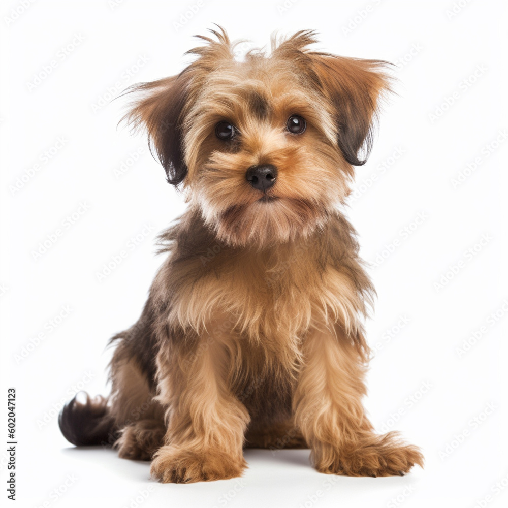 Dog, poodle-yorkshire terrier mix. Cute puppy over white background. AI generated, made by AI, artificial intelligence