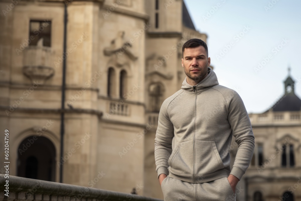 Handsome young man in hoodie standing in front of church