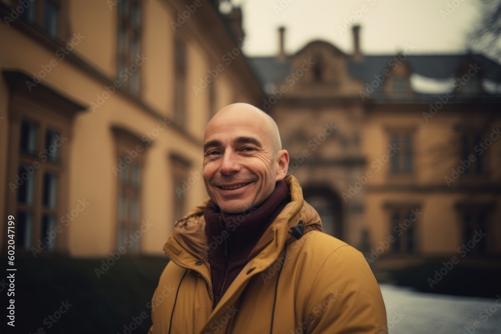 Portrait of a bald man in a yellow jacket on the background of an old building Portrait of a bald man in a yellow jacket on the background of an old building
