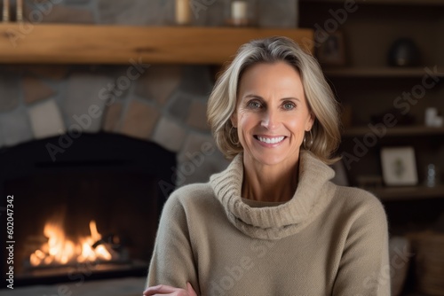 Portrait of a beautiful mature woman in front of fireplace at home