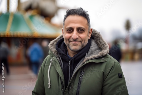 Environmental portrait photography of a pleased man in his 40s wearing a warm parka against an amusement park or theme park background. Generative AI