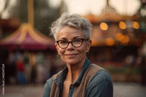 Portrait of mature woman with eyeglasses standing in amusement park