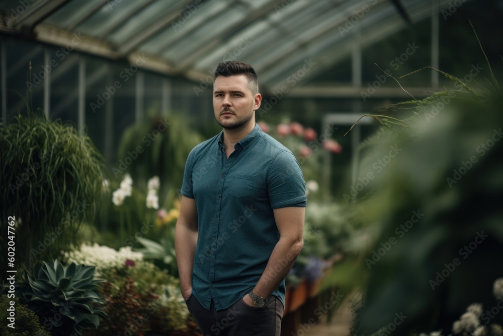 Portrait of a handsome man in a blue shirt standing in a greenhouse Portrait of a handsome man in a blue shirt standing in a greenhouse